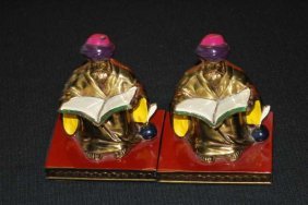 RONSON POLY CHROME BOOKENDS: 1920's ARABIAN SCHOLAR BOOKENDS, MARKED "L.V. ARONSON, 19c23", SIT 4" TALL, BUYER ARRANGES SHIPPING, WE CAN RECOMMEND LOCAL SHIPPER.