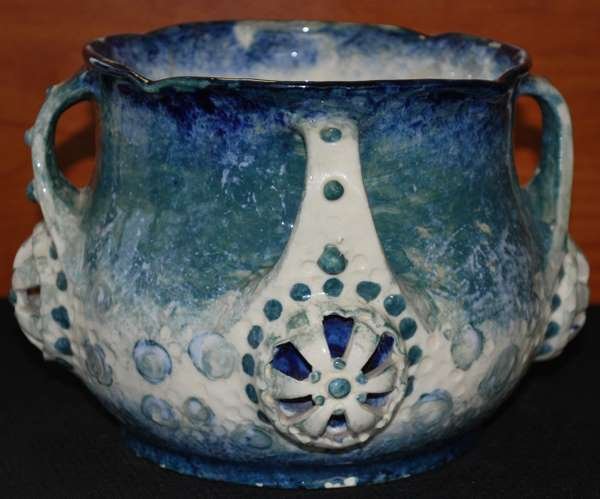 AMPHORA MORANIA URN: FOUR HANDLES, BLUE & WHITE GLAZE, MARKED "AMPHORA, AUSTRIA, CROWN MARK, AMPHORA MAKERS STAMP", SITS 5.5" TALL, BUYER ARRANGES SHIPPING, WE CAN RECOMMEND LOCAL SHIPPER.