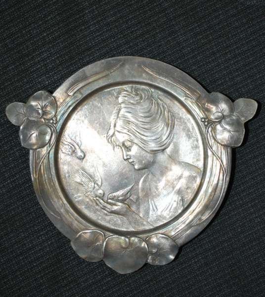 SET OF SIX NOVEAU TRAYS: PEUTER TRAYS EACH DECORATED THE SAME WITH WOMAN FEEDING BIRDS, IVY LEAF BORDERS, HALLMARKED " 5131, B&G IMPERIAL, BUYER ARRANGES SHIPPING, WE CAN RECOMMEND LOCAL SHIPPER.