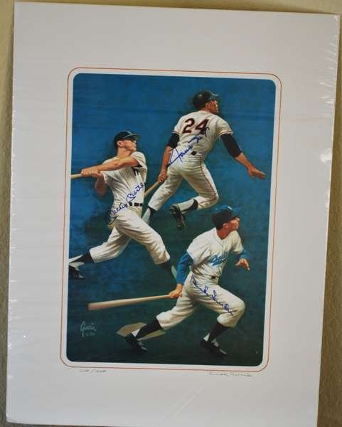 GARCIA BASEBALL LITHO SIGNED BY HALL OF FAMERS: LIMITED EDITION LITHOGRAPH DONE IN 1989 DEPICTING MICKEY MANTLE, WILLIE MAYS, & DUKE SNIDER, SIGNED BY ALL THREE PLAYERS, ARTIST SIGNED LOWER RIGHT, NUMBERED 626/1000, COMES WITH COA, ART SIZE: 18" x 