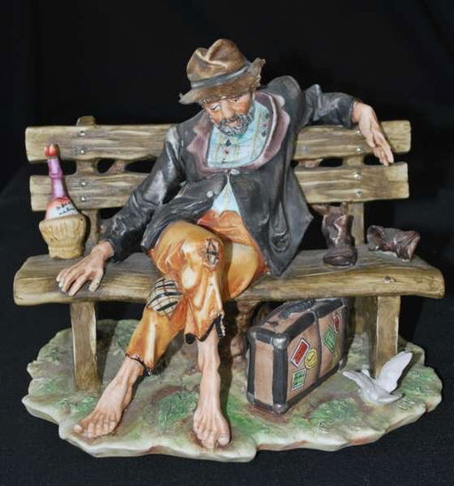 Capodimonte Porcelain Tramp On Bench With Wine Bottle Figurine