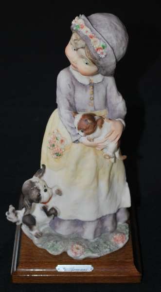 ORIGINAL GIUSEPPE ARMANI FIGURE: DEPICITNG YOUNG GILR IN SUNDRESS WITH PUPPY & KITTEN, ARTIST SIGNED, DONE IN 1986 IN FLORENCE, ITALY; SITS 9" HIGH ON WOODEN BASE BUYER ARRANGES SHIPPING WE CAN RECOMMEND