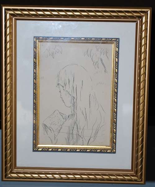 ORIGINAL PIERRE BONNARD ETCHING: FRENCH PIECE TITLED "JEUNE FILLE LISANT", CIRCA 1930, PB MONOGRAM SIGNED IN THE PLATE, MILD WATER STAIN ON RIGHT EDGE OF PAPER, PAGE SIZE: 8" x 10", FRAME SIZE: 9.5" x 11.5", BUYER ARRANGES SHIPPING,