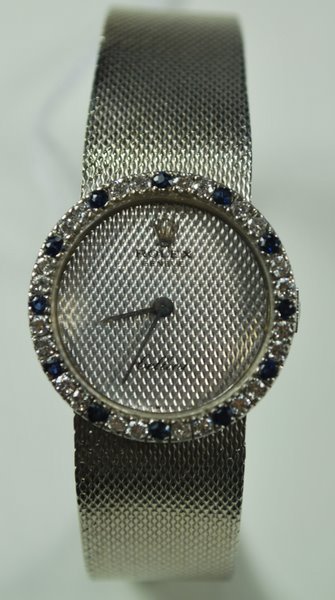 14KT W.G. ROLEX CELLINI DIAMOND BEZEL: MANUAL WIND CIRCA 1970'S MESH BAND AND ORIGINAL DIAL AND FACTORY DIAMOND AND SAPPHIRE BEZEL TWT 39.2 GRAMS BAND 6.75" LONG 25MM WIDE PLUS SHIPPING