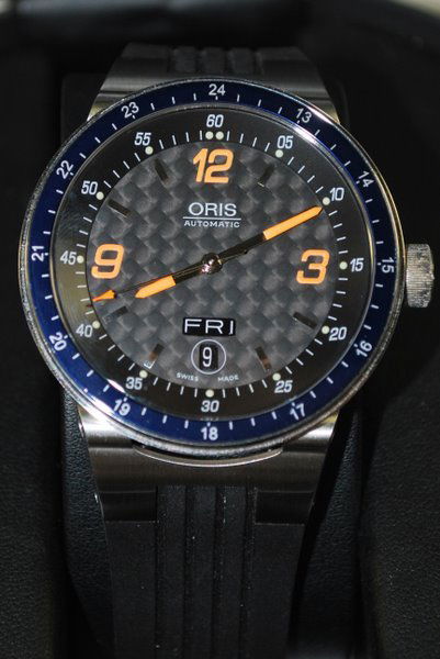 MENS S/S/ ORIS WILLIAMS SF1 TEAM: AUTOMATIC RUBBER DEPLOYMENT BAND BLACK CARBON FIBER DIAL NEW WITH BOX AND PAPERS