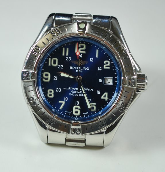 MENS S/S BREITLING SUPEROCEAN: AUTOMATIC BLUE DIAL QUICKSET DATE FULL SIZE BAND 1000 METER DIVE PLUS SHIPPING