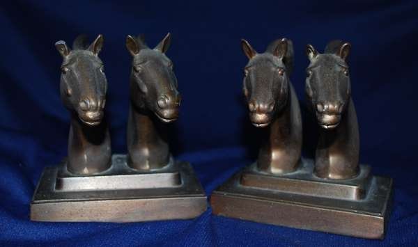 FRANKART FIGURAL HORSE BOOKENDS: PAIR OF BOOKENDS WITH DOUBLE HORSE HEADS, MARKED "FRANKART. INC. PAT. APPLD.FOR.", STAND 5" TALL PLUS SHIPPING