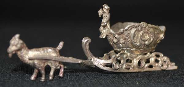 ANTIQUE STERLING SILVER THIMBLE HOLDER: IN THE FORM OF A GOAT PULLING MAN & SLEIGH, MISSING REIGNS, ENGLISH HALLMARKS PLUS SHIPPING