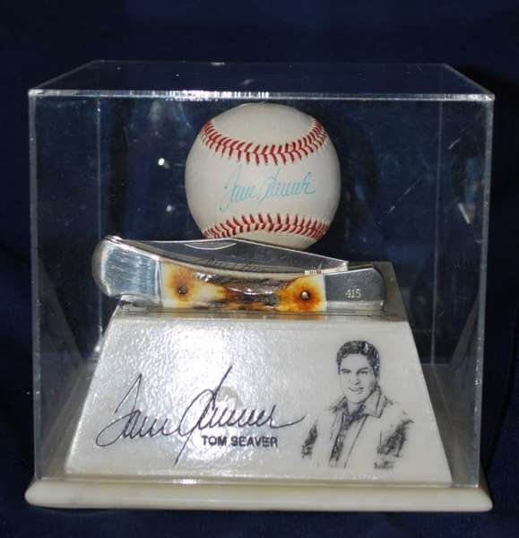 TOM SEAVER "ULTIMATE SPORTSMAN" SET: GREAT TOM SEAVER DISPLAY SET INCLUDING AN AUTOGRAPHED BASEBALL, A PARKER USA "415" STAG HORN HANDLE KNIFE w/ SEAVER SIGNATURE ON THE BLADE, & COMPOSITE BASEBALL DIAMOND BASE w/ ENGRAVED SEAVER STATS &