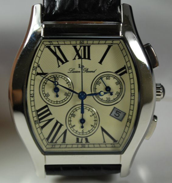 MENS S/S LUCIEN PICCARD CHRONOGRAPH: TOURNEAU CASE QUARTZ MOVEMENT WITH DATE 3 REGISTER BLACK BAND NEVER WORN 41MM WITH CROWN PLUS SHIPPING RELISTED SOLD FOR $400.00 BUT NOT PAID FOR