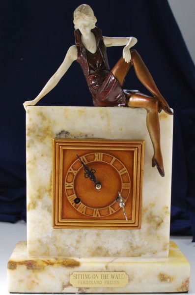 DECO MARBLE CLOCK: ART DECO MARBLE CLOCK BY LISTED ARTIST FERDINAND PREISS TITLED SITTING ON THE WALL (14 X 9 X 4) ( SHIPPING NOT INCLUDED )