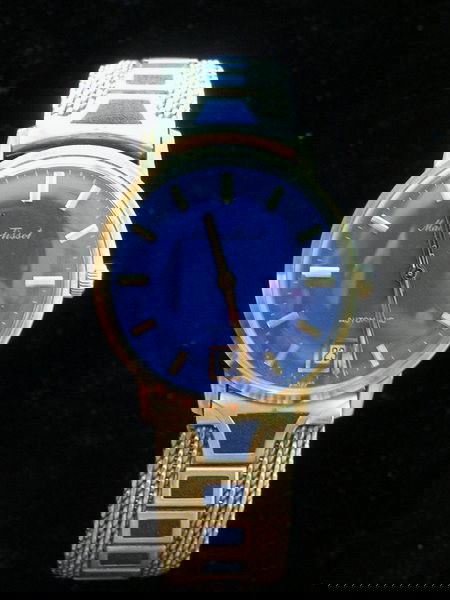 MENS 10KT G.F. MATHEY-TISSOT: AUTOMATIC CIRCA 1960'S DATE BLUE DIAL HAS ASSOCIATED 10KT G.F. BAND COMES WITH ORIGINAL BOX