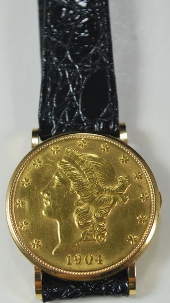 18KT Y.G. PIAGET $20.00 GOLD COIN WATCH: MANUAL WIND MOVEMENT CUT FROM CIRCA 1904 $20.00 GOLD PIECE CASE BACK SIGNED AND NUMBERED CIRCA 1970'S PLUS SHIPPING