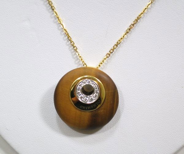 18KT/DIAMOND SIGNED CHIMENTO PENDANT: SIGNED SET WITH F-G COLOR VS DIAMONDS PLUS TIGER EYE COMES ON SIGNED 18KT CHAIN PLUS SHIPPING