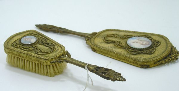 VANITY SET: FRENCH BRONZE VANITY SET CONSISTING OF A BRUSH & MIRROR, BOTH WITH PORTRAITS OF VICTORIAN WOMEN, PLUS SHIPPING