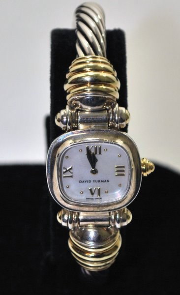 LADIES 14KT/STERLING DAVID YURMAN WATCH: QUARTZ BANGLE STYLE MOTHER OF PEARL DIAL WILL FIT AVERAGE SIZE WRIST BUYER ARRANGES SHIPPING