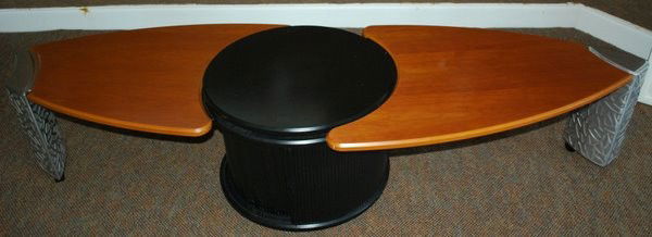 ART DECO WOOD AND METAL FOLDING COFFEE TABLE: ART DECO WOOD AND METAL FOLDING COFFEE TABLE 78 " FULLY EXTENTED, AND 52 " FOLDED , CYLINDRICAL STORAGE UNIT IN MIDDLE plus shipping