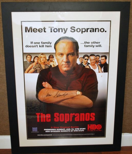 FRAMED SIGNED SOPRANO POSTER: SOPRANO POSTER FRAMED AND SIGNED BY JAMES GANDOLFINI, A.K.A. TONY SOPRANO, 51 X 38 " plus shipping