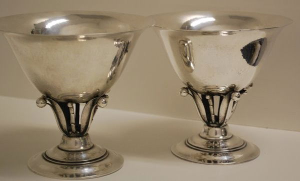 PAIR LARGE STERLING GEORG JENSEN CANDY COMPOTE: TURN OF THE CENTURY CIRCA 1912 BY JOHAN ROHDE MEASURING 4.4" HIGH X 4.1" ROUND APPROX. 20 OZ BUYER ARRANGES SHIPPING