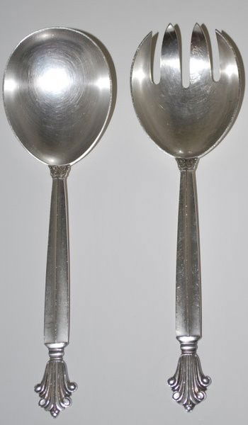 STERLING SILVER GEORG JENSEN SERVERS: LARGE SPOON AND FORK TWT 5 OZ MEASURING APPROX. 8" LONG BUYER ARRANGES SHIPPING