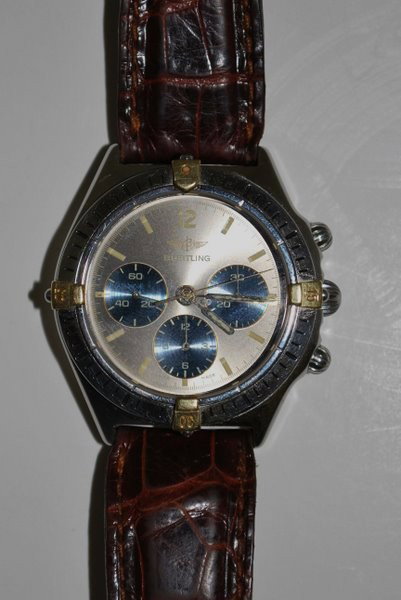 BREITLING CHRONOGRAPH: 18 KT. AND STAINLESS STEEL, 3 REGISTER, SILVER DIAL , MANUAL WIND