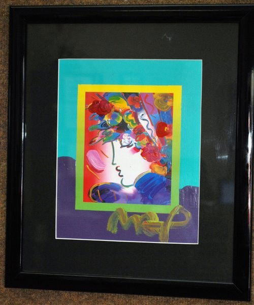 ORIGINAL PETER MAX MIXED MEDIA: ORIGINAL PETER MAX MIXED MEDIA OF A WOMANS FACE . THIS WORK OF ART, COMES DIRECTLY FROM ONE OF MR. PETER MAX'S LITHOGRAPHERS. ALONG WITH THE ART COMES A COPY OF THE LETTER WRITTEN FROM PETER MAX TO TH
