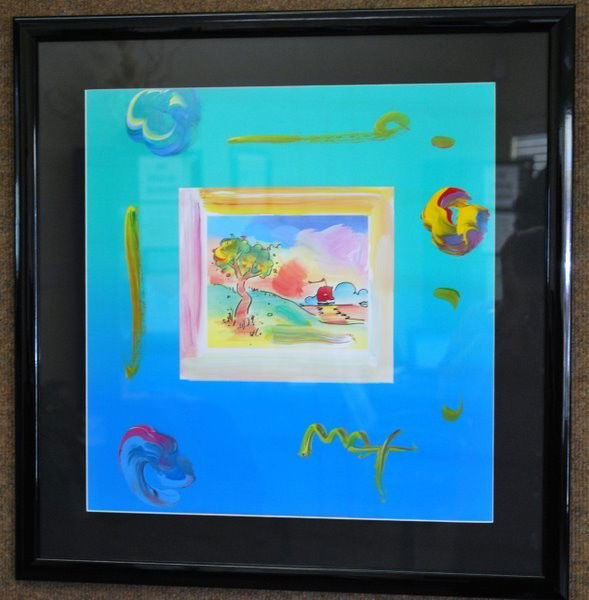ORIGINAL PETER MAX MIXED MEDIA: ORIGINAL MIXED MEDIA OF A LANDSCAPE SCENE, THIS WORK OF ART, COMES DIRECTLY FROM ONE OF MR. PETER MAX'S LITHOGRAPHERS. ALONG WITH THE ART COMES A COPY OF THE LETTER WRITTEN FROM PETER MAX TO THE CONSI
