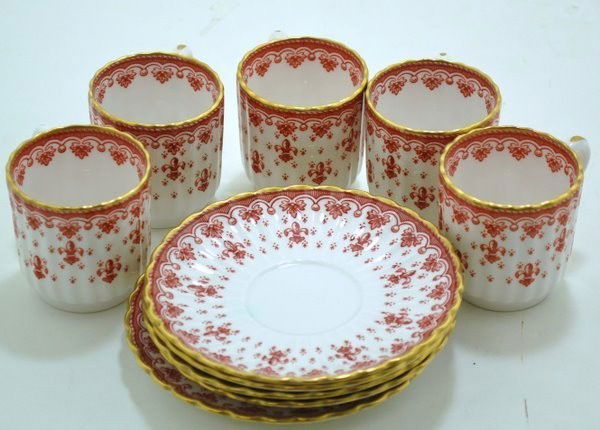 SPODE " FLEUR DE LYS " RED DEMITASSE CUPS & SAUCERS: SET OF 5 SPODE " FLEUR DE LYS " RED DEMITASSE CUPS & SAUCERS # Y7481, RED ON WHITE BONE WITH GOLD RIMS.