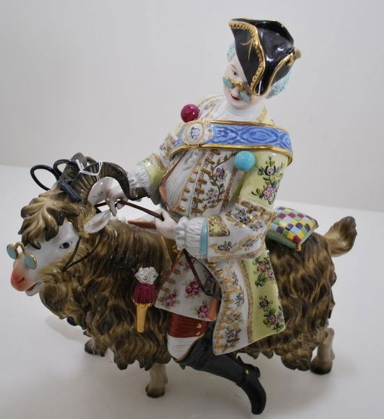 MEISSEN/DRESDEN PORCELAIN " TAILOR ": TAILOR ASTRIDE A GOAT, EXQUISITE DETAIL AND COLOR, HAS BLUE CROSSED SWORDS MARK
