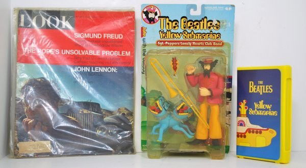 3 PC. BEATLES LOT: 1966 LOOK MAGIZINE WITH JOHN LENNON ON THE COVER, A YELLOW SUBMARINE FIGURE, "JOHN AND THE BULLDOG ", AND THE MOVIE YELLOW SUBMARINE ON TAPE.