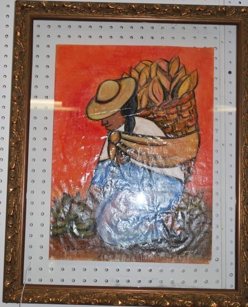 EXCEPTIONAL DIEGO RIVERA WATERCOLOR: EXCEPTIONAL DIEGO RIVERA WATERCOLOR IN A SANDWICH GLASS FRAME OF A WOMAN WORKING IN A FIELD, SIGNED IN LOWER LEFT CORNER, IMAGE SIZE 20 X 15" FRAME 27 X 22"