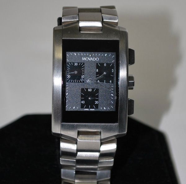 S/S MOVADO CHRONOGRAPH: LARGE RECTANGULAR S/S CHRONO WITH SWISS QUARTZ MVT.