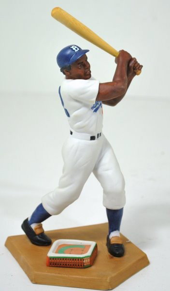 JACKIE ROBINSON BISQUE PORCELAIN FIGURE: 2nd FIGURINE IN THE " BOYS OF SUMMER " SERIES, 1989 BY SPORTS IMPRESSIONS, # 0844 IN A WORLDWIDE EDITION OF 5,042, IN ORIGINAL BOX, WITH C.O.A. AND WOOD BASE.