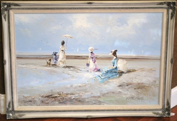 OIL ON CANVAS " BEACH SCENE " BY MARIE CHARLOT: OIL ON CANVAS " BEACH SCENE " BY BELGIAN ARTIST MARIE CHARLOT OF VICTORIAN WOMEN AND CHILDREN, THE COLORS AND TEXTURES ARE GREAT, SIGNED LOWER RIGHT CORNER.