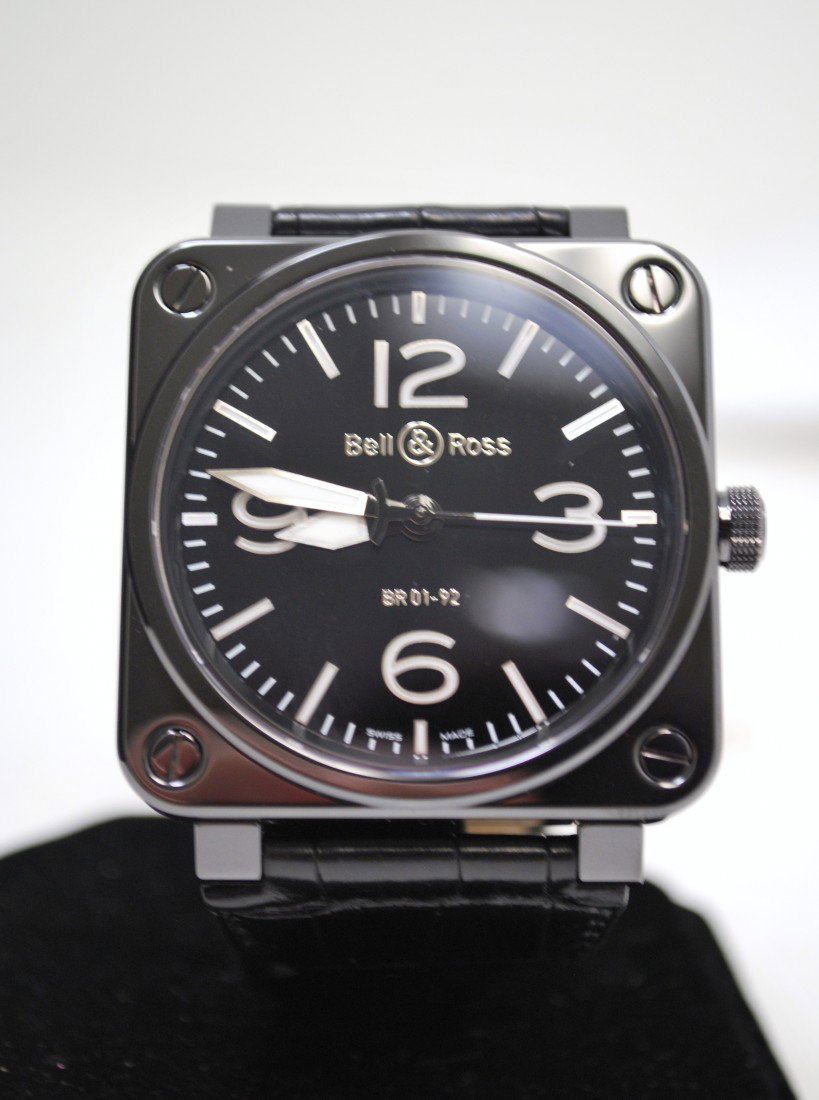 NEW BELL & ROSS BLACK CERAMIC AND S/S WRISTWATCH: HUGE 46MM SQUARE WRISTWATCH, 50MM W/ CROWN, BLACK CERAMIC CASE WITH S/S BACK, BLACK CERAMIC BUCKLE, ALLIGATOR STRAP.