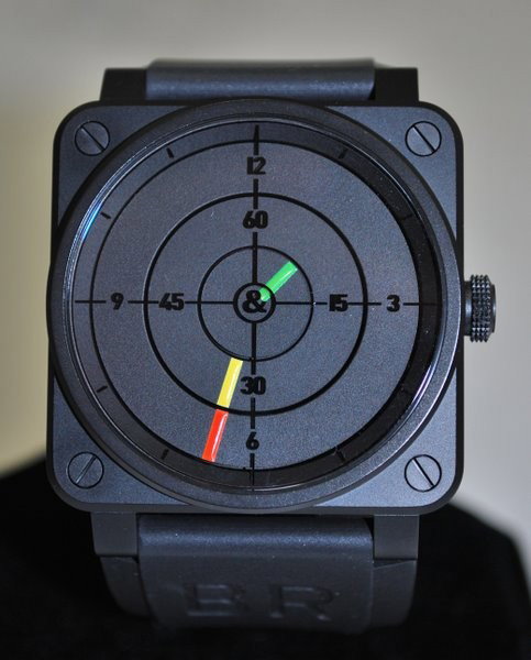 MENS BELL & ROSS RADAR NEW BOX AND PAPERS: MODEL BR 03-92 AVIATION TYPE AUTOMATIC S/S CASE BLACK IP PLATE RUBBER STRAP 46MM CASE WITH CROWN