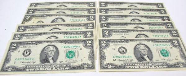 1976 BICENTENNIAL TWELVE $2 DOLLAR BILLS: 12 TWO DOLLAR BILLS REPRESENTING ALL TWELVE MINT MARKS.