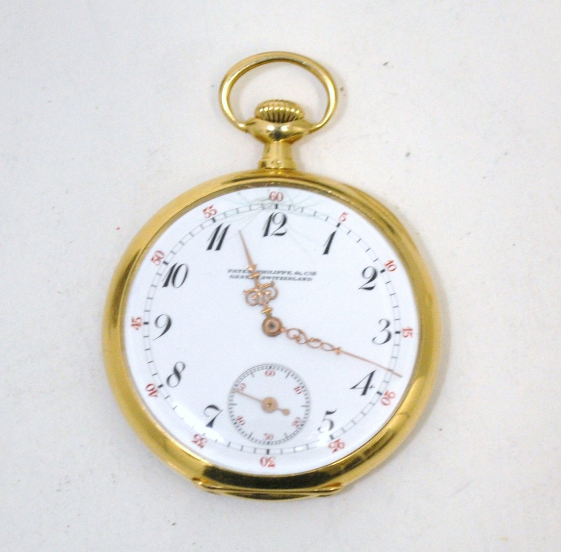 PATEK PHILIPPE 18KT 44MM POCKET WATCH: CIRCA 1891, 20 JEWEL MOVEMENT MATCHING CASE AND MOVEMENT NUMBERS. FLORINTINE TEXTURED CASE BACK, INSCRIPTION ON INNER CASE BACK.