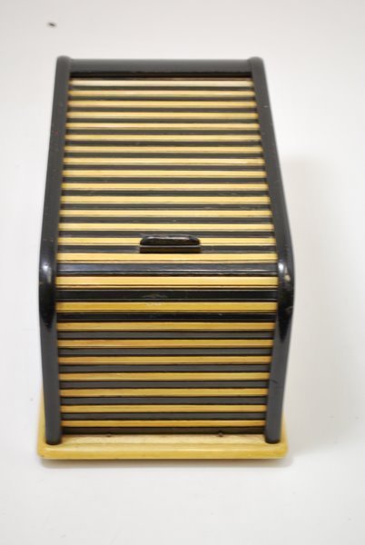 ART DECO CUBAN CIGAR BOX/HUMIDOR RARE: CIRCA 1930'S/40'S ROLL TOP CIGAR BOX HAND MADE IN CUBA BLACK AND BEIGE ALL WOOD FLIP OUT CIGAR HOLDER WHEN TOP IS ROLLED UP ONE OF A KIND RELISTED NOT PAID FOR