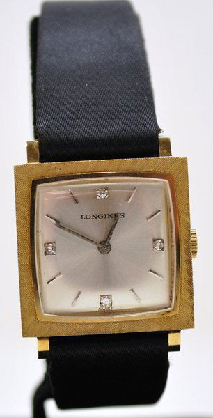 LONGINES 14KT SQUARE: DIAMOND DIAL, UNUSUAL BEZEL, 14KT BUCKLE ALL ORIGINAL