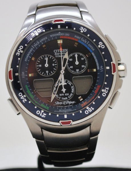 CITIZEN S/S ECO DRIVE CHRONOGRAPH: STARS AND STRIPES EDITITION, COMES WITH BOX AND PAPERS. 46 MM CASE SIZE W/ CROWN