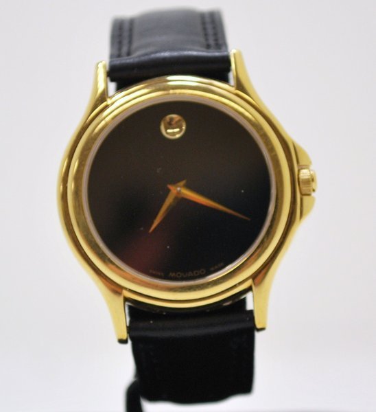 MOVADO 2 TONE MUSEUM WATCH: QUARTZ MVT BLACK, DIAL WITH BLACK STRAP