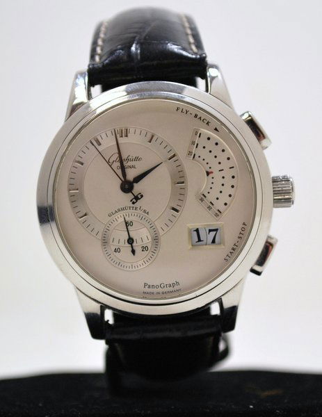 GLASHUTTE S/S PANOGRAPH: 41 JEWELS DAY MINUTE REGISTER. MARKED NR00936, HAS ORIGINAL S/S DEPLOYMENT.