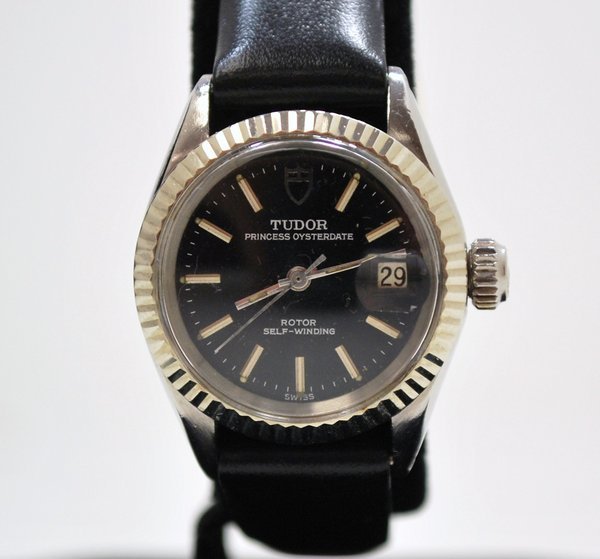 ROLEX LADIES 14KT/SS TUDOR: AUTOMATIC BLACK DIAL PRINCESS OYSTER DATE HAS 14KT WHITE GOLD FLUTED BEZEL