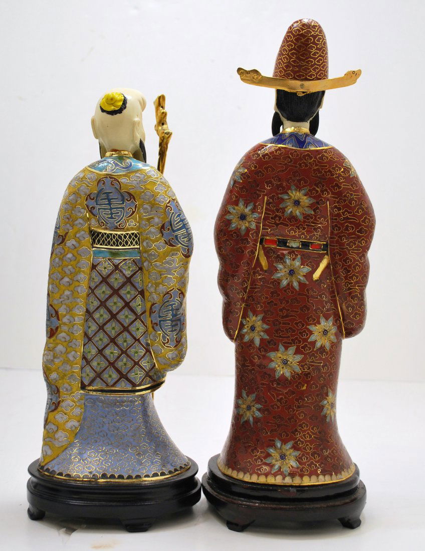 PAIR OF TALL CHINESE CLOISONNE FIGURES: PAIR OF CHINESE WISEMEN, ONE FIGURE STANDS AT 15" TALL, THE OTHER AT APPROXIMATELY 14"