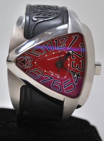 MENS S/S TECHNO MARINE MAORI COLLECTION: OVERSIZE COMES ON BLACK RUBBER DEPLOYMENT STRAP RED DIAL HAS ALL BOX AND PAPERS