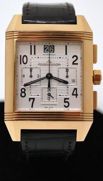 MENS 18KT P.G. JAEGER LECOULTRE SQUARDRA: LARGE REVERSO AUTOMATIC WITH EXHIBITION BACK LECOUTRE BROWN ALLIGATOR STRAP PINK GOLD DEPLOYMENT BUCKLE ALL BOX AND PAPERS WATCH LIKE NEW WITH BIG DATE AT 12