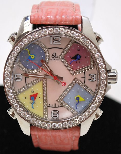 LADIES S/S JACOB & CO DIAMOND WATCH: 5 TIME ZONE QUARTZ MOVEMENT FACTORY DIAMOND DIAL AND BEZEL APPROX. 4.00CT TWT G COLOR VS QUALITY DIAMONDS COMES ON ORIGINAL PINK STRAP WITH BUCKLE
