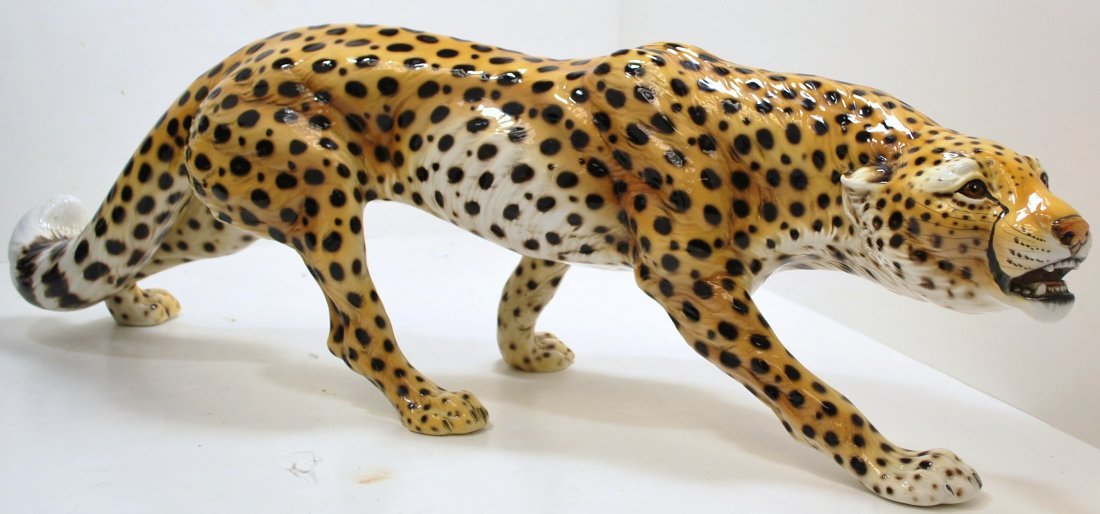 LEOPARD SCULPTURE BY RONZAN: LARGE LEOPARD SCULPTURE SIGNED ON FOOT "RONZAN MADE IN ITALY 1530" APPROX 27" X 7"X 9"