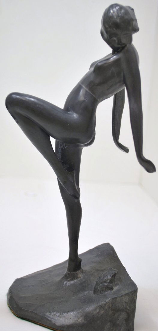 ART DECO FRANKART STYLE STATUE: OF A WOMAN WITH SMALL FROG ON BASE DATED 1922 BUT NOT SIGNED MEASURING APPROX. 10" TALL APPEARS TO BE MADE OF